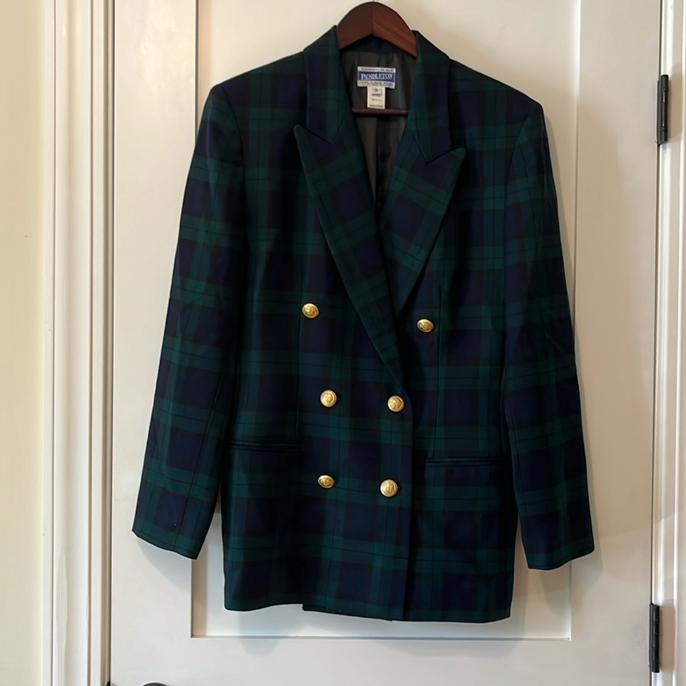 Pendleton Tartan Plaid Double Breasted Button Blazer 100% Wool